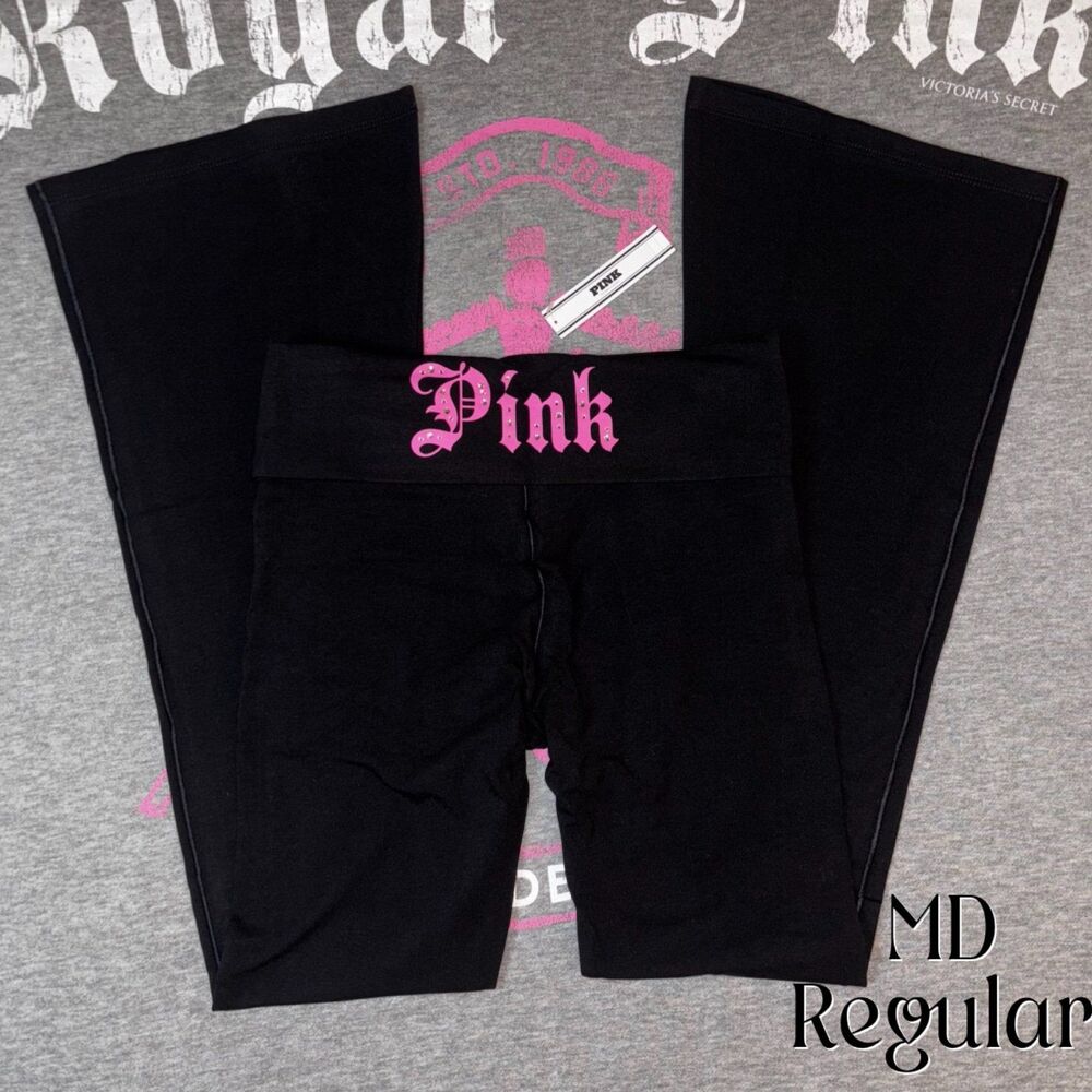 VS PINK Black Cotton Foldover Flare Leggings Pure Black Halloween Size Medium
